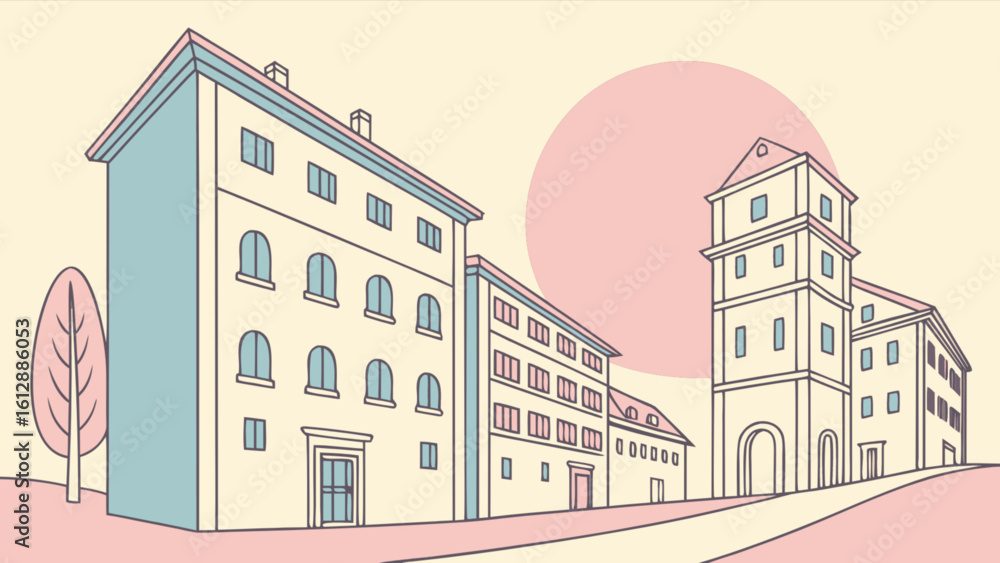 Naklejka premium Illustration of european city buildings architecture landscape drawing with tower and houses design vector art