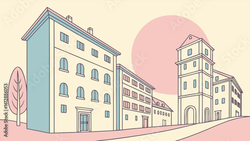 Illustration of european city buildings architecture landscape drawing with tower and houses design vector art