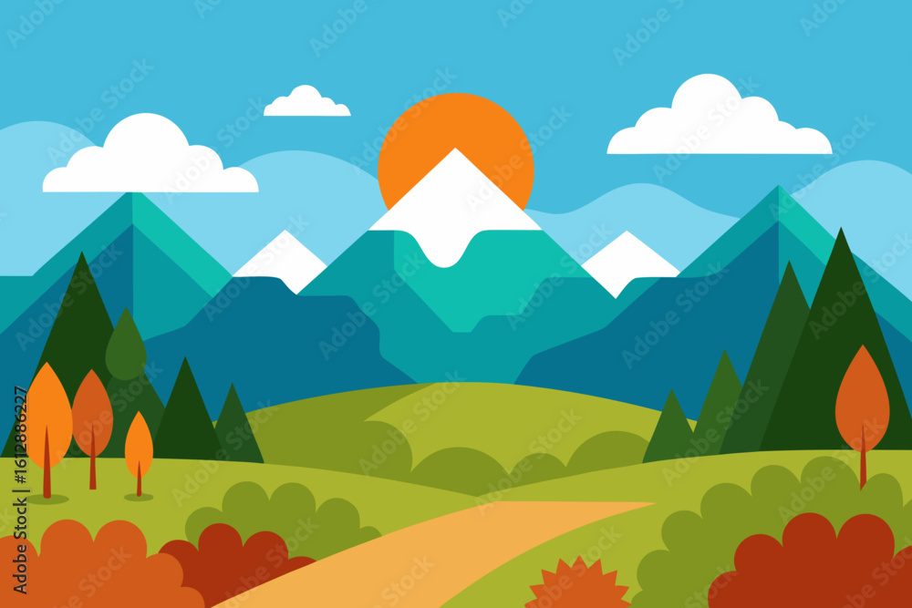 Fototapeta premium Stylized mountain landscape with sun and clouds in a flat design style