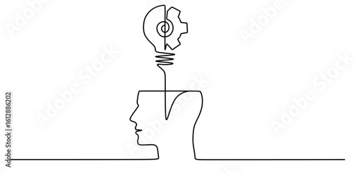 A continuous line drawing of a human head with a light bulb and gears. The concept of mental health and self-improvement. Creative and brilliant ideas foster positive thinking.