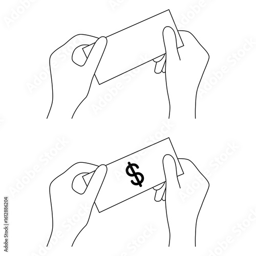 Line Art of Hands Holding Dollar Bill with Dollar Symbol. Minimalist black outline vector illustration of hands holding a banknote with a dollar symbol. Simple financial concept design.