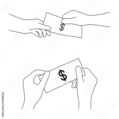 Line Art of Hands Holding Dollar Bill with Dollar Symbol. Minimalist black outline vector illustration of hands holding a banknote with a dollar symbol. Simple financial concept design.