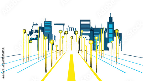 Cityscape illustration of urban street with buildings and streetlights for graphic design projects