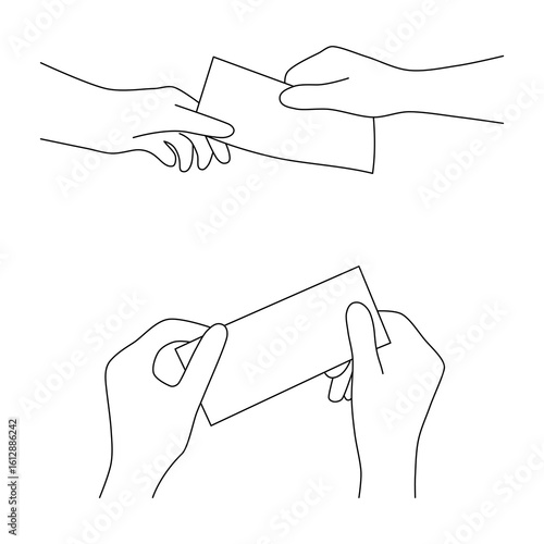 Line Art of Hands Holding Dollar Bill with Dollar Symbol. Minimalist black outline vector illustration of hands holding a banknote with a dollar symbol. Simple financial concept design.