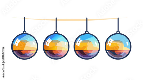 Four hanging christmas ornaments with sunset reflection vector illustration design graphic template for holiday season
