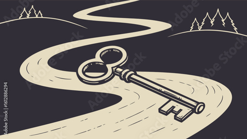 Vintage key on winding road illustration with trees and hills for escape room design concept art