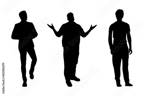 Set of Male Silhouettes in Various Poses on White Background. Vector illustration of three male silhouettes in different standing poses. Black solid figures isolated on white background.
