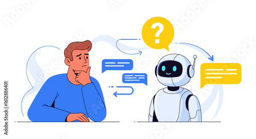 An illustration depicts a man seeking answers from a friendly AI chatbot, symbolizing the intersection of technology and human interaction in problem-solving.
