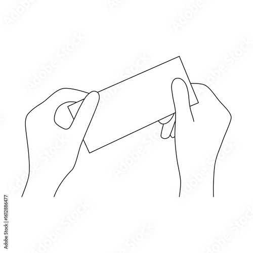 Line Art of Hands Holding Dollar Bill with Dollar Symbol. Minimalist black outline vector illustration of hands holding a banknote with a dollar symbol. Simple financial concept design.
