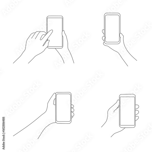 Set of Line Art Hands Holding Smartphones Vector Illustration. Collection of clean outline drawings showing human hands holding and using smartphones in various positions.