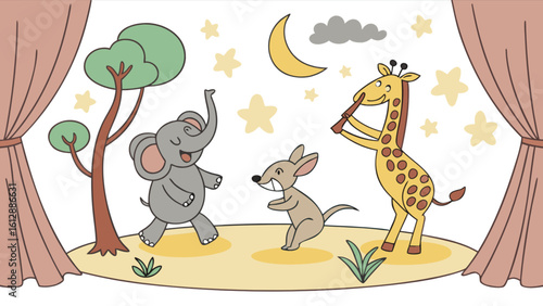Cute cartoon animals on stage with elephant giraffe and mouse performing a night show for kids illustration