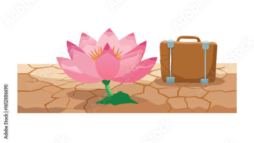 Pink lotus flower growing in cracked earth with suitcase travel concept illustration graphic design art