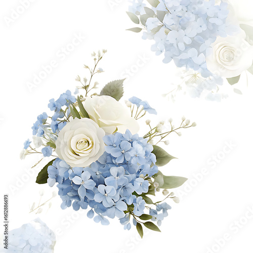 Soft blue hydrangea and white rose floral arrangement isolated on transparent background