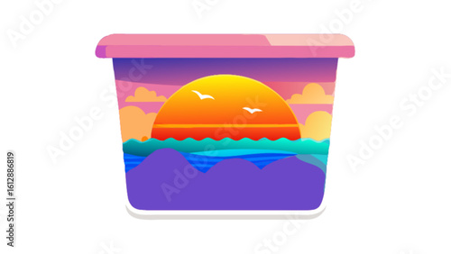 Sunset ocean scene vector art illustration featuring birds and vibrant colors for graphic design projects
