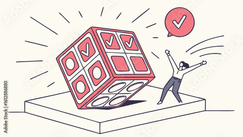 Success achievement concept with cube and check marks for business goals and project management success