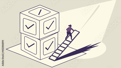 Achieving goals climbing ladder reaching success overcoming challenges with checklist boxes and light 100