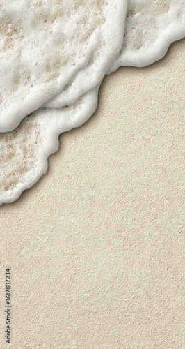 Frothy wave gently washes over smooth sand. The creamy white foam contrasts with the beige shore in this overhead view showcasing textures and natural patterns
