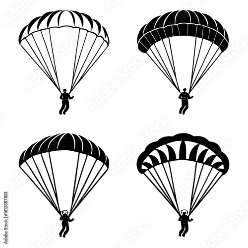 Parachutists descend using different parachute shapes in a black and white silhouette form on a transparent background