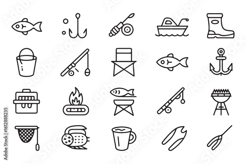 Fishing and Camping Icons Set for Outdoor Adventures and Recreational Activities in a Simple Outline Style Vector