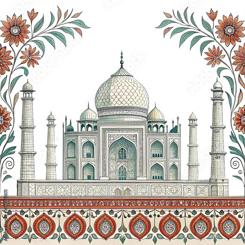 Artistic illustration of Taj Mahal with floral patterns and intricate architecture