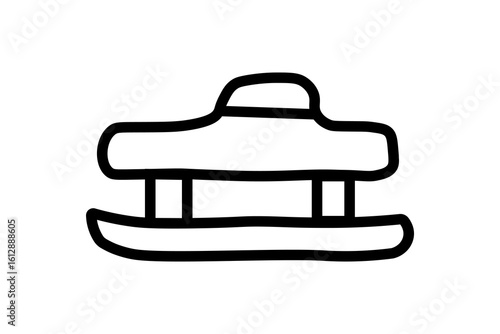 The sled has a flat seating area with a curved front handle and two vertical supports connecting the seat to the runners below.
