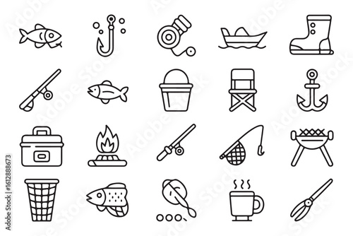 Fishing Icons Set Vector Illustration Featuring Tackle Campfire and Related Outdoor Activities Promoting Recreation and Angling Adventures