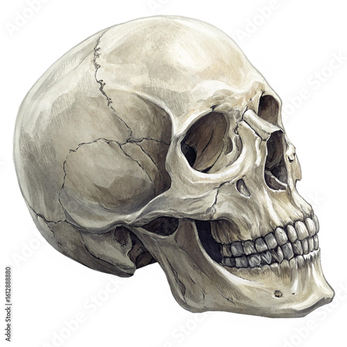 Side view of a human skull rendered in detailed illustration showing realistic texture and bone structure for educational or gothic design use