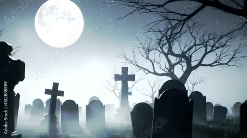 A spooky graveyard with tombstones and bare trees under a full moon on a foggy night 4k video