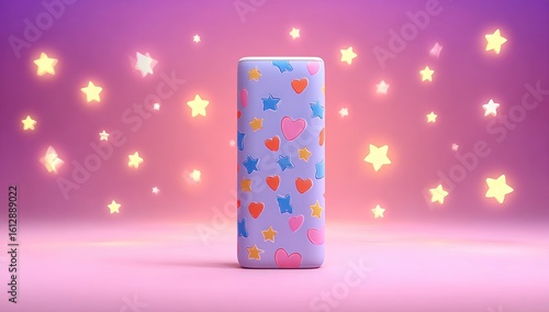 Cylinder in dreamy setting. Cylinder with hearts and stars, against a soft gradient background of pinks and purples with bokeh stars. Playful and cheerful presentation