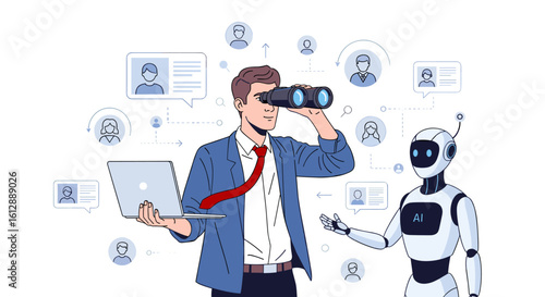 An illustrated businessman, using binoculars and a laptop, searches for talent, while a robot offers assistance in a modern, technology-driven recruitment process.
