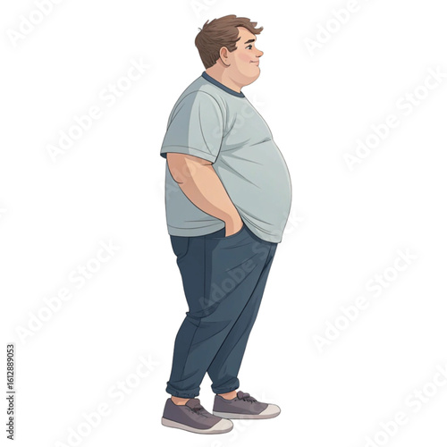 Illustration of an overweight man standing sideways showing belly bulge