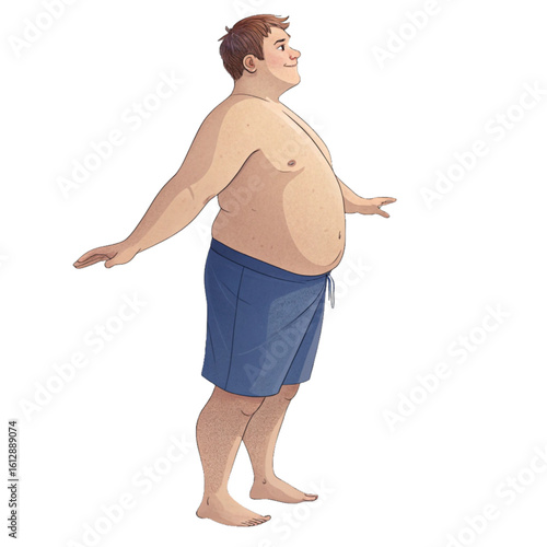 Obese man with protruding belly standing in blue shorts