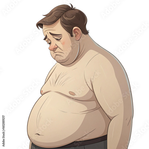 Obese man looking down, showing fatigue and health decline