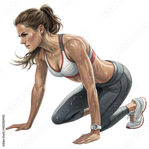 Fit woman in workout gear stretching in ready position