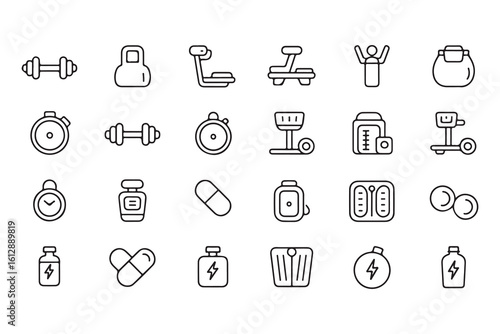 Fitness and Workout Equipment Icons Set for Gym or Home Exercise vector illustration concept