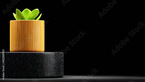Stylized plant in a wood pot on a dark stone base against black backdrop