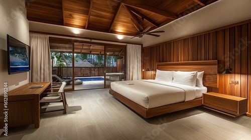Luxurious hotel bedroom with wood paneling, pool view. Elegant design, comfortable bed, desk, and open access to outdoor area