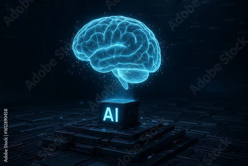 3D rendering of artificial intelligence digital brain and neural network chip on futuristic circuit board, representing deep learning, big data analysis, and advanced AI processing
