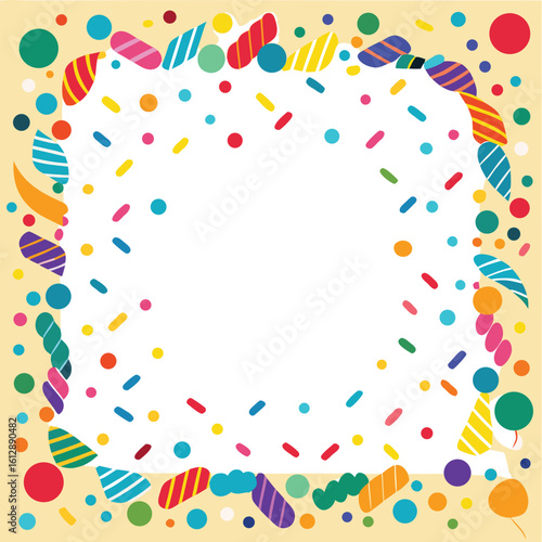 Colorful confetti border frame repeat pattern. Great for a birthday party or an event celebration invitation or decor. Surface pattern design.