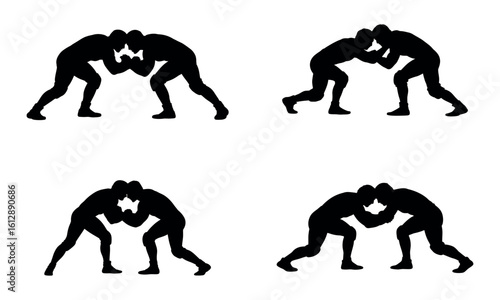 Wrestlers grappling silhouettes in action black sports icons
