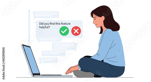 A young woman sits cross-legged on the floor, using her laptop to provide feedback on a helpful feature, expressing her satisfaction or dissatisfaction with a check or cross mark in a chat window.
