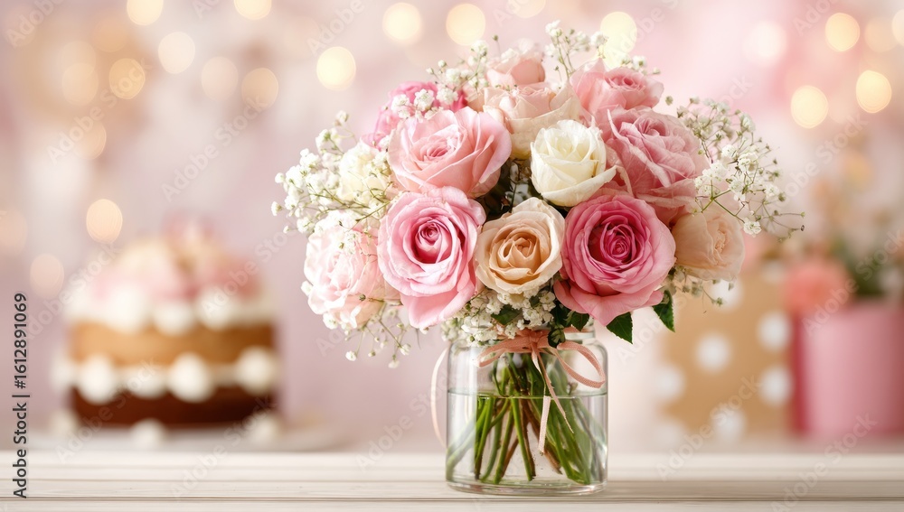 Obraz premium Floral Arrangement with Cake A bouquet of pink and cream roses with baby's breath in a glass jar sits on a white surface, alongside a tiered cake, against a soft bokeh backdrop of pinks and golds