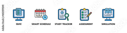 AI in Education banner web icon illustration concept with icon of quiz, smart schedule, study tracker, assessment, and simulation