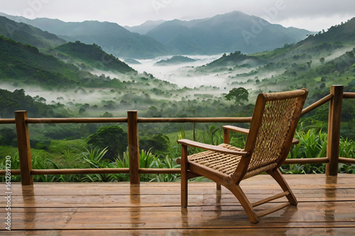 Wicker chair overlooks misty green mountains wooden deck railing