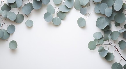 Light gray eucalyptus leaves arranged in a frame on a white background