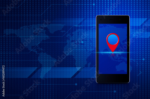 Fototapeta Naklejka Na Ścianę i Meble -  Map pin location button on modern smart mobile phone screen over digital world map technology style, Map pointer navigation online concept, Elements of this image furnished by NASA