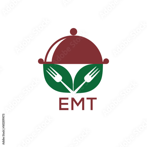 Healthy Organic Restaurant Logo with EMT Text – Eco-Friendly Food Service Symbol. EMT Letter Logo.
