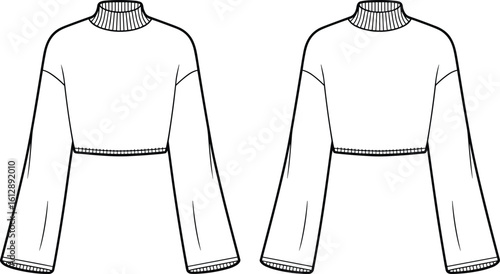 Women's Cropped Long Sleeve Top Technical Drawing, High Neck Fashion Flat Sketch, Trendy Apparel Design Template for Production, Modern Casual Wear Illustration.