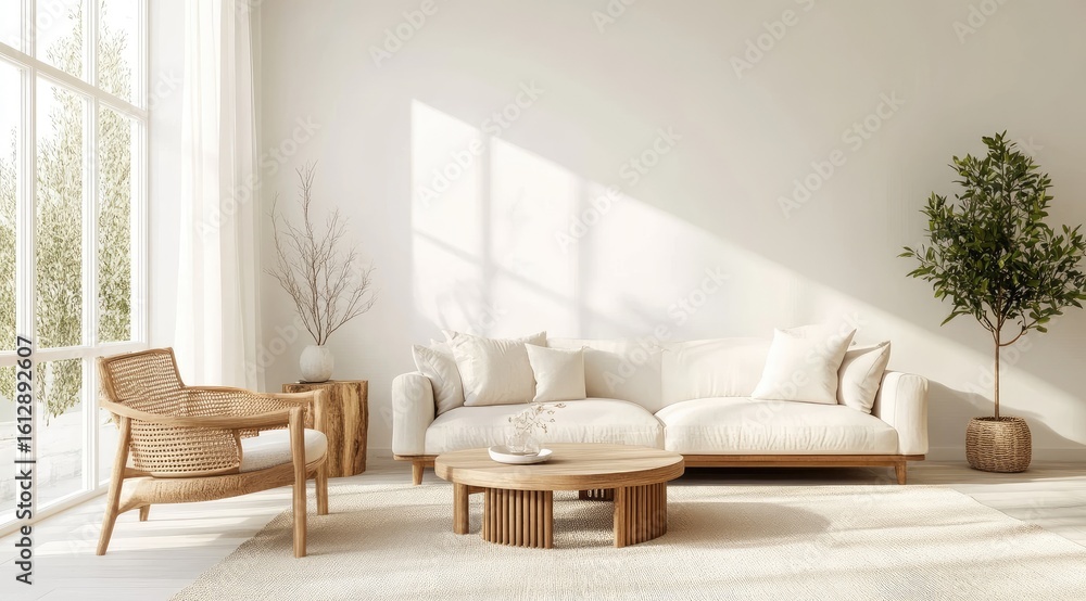 Bright, minimalist living room with natural wood tones Bright, minimalist living room with natural wood tones