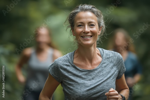 Smiling mature woman running in nature with friends, happy and healthy. Showcase active lifestyles, fitness, wellness for older adults and community.
